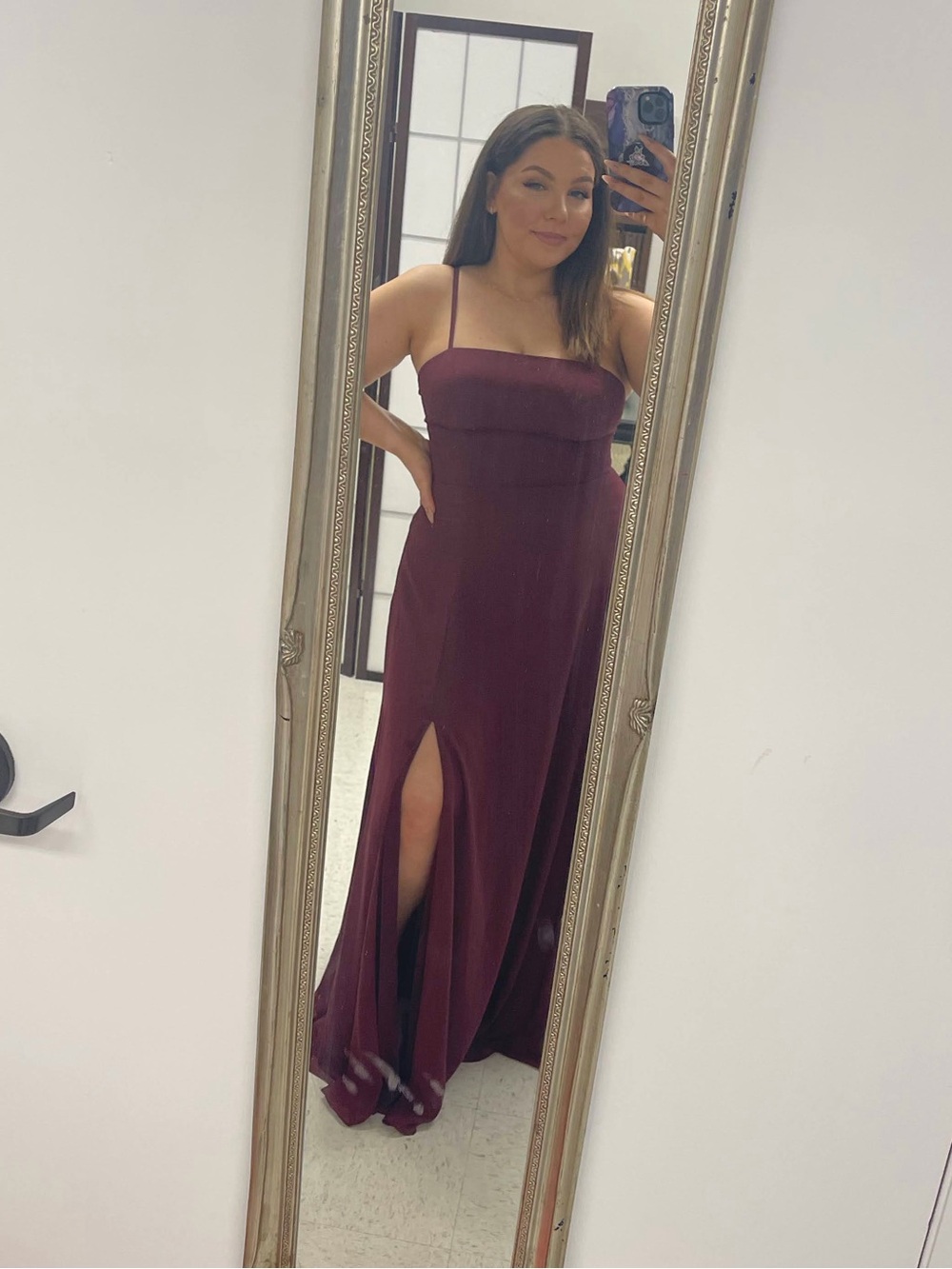 David's Bridal Wine Strap Maxi Dress with Front Slit